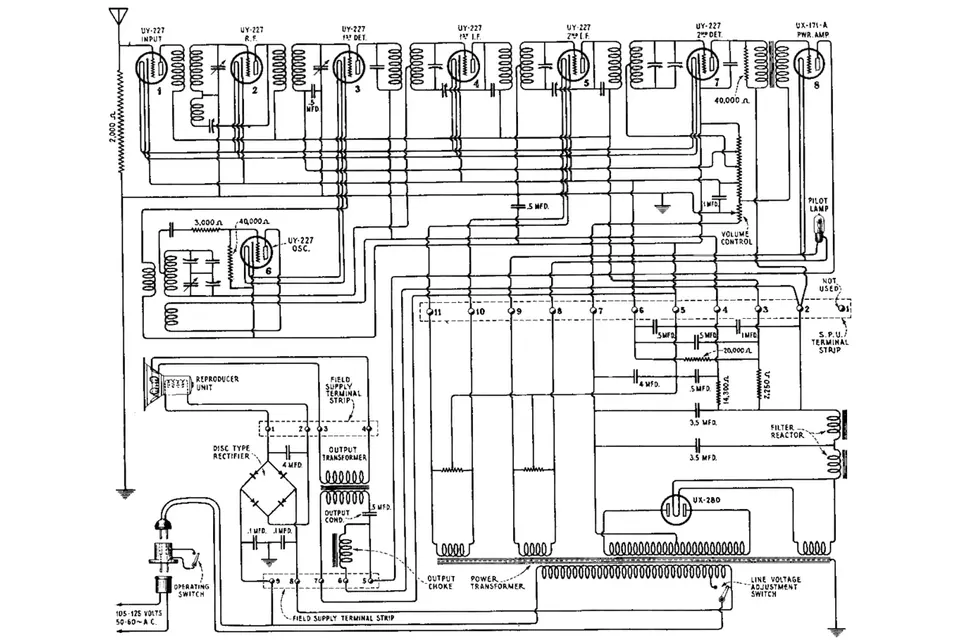 A printed schematic diagram of a 1920s radio receiver, with tube symbols, coils and wiring drawn in black lines